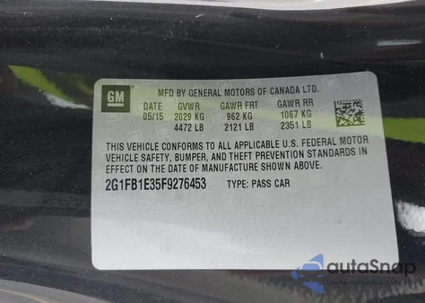 2015 Chevrolet Camaro 2Ls из США, поврежденный, VIN 2G1FB1E35F9276453